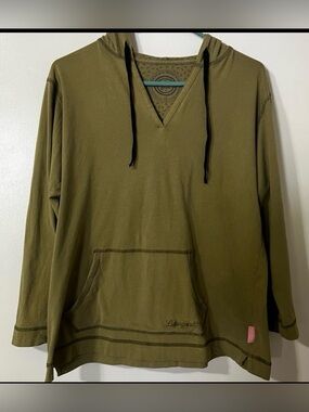 Life Is Good Olive Green V-Neck Pullover Hoodie with Black Drawstrings